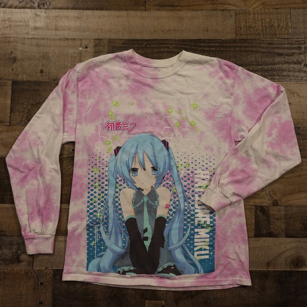 Hatsune Miku Tie-Dye Long Sleeve‎ Graphic Tee Unisex Large Pink White Tie Dye